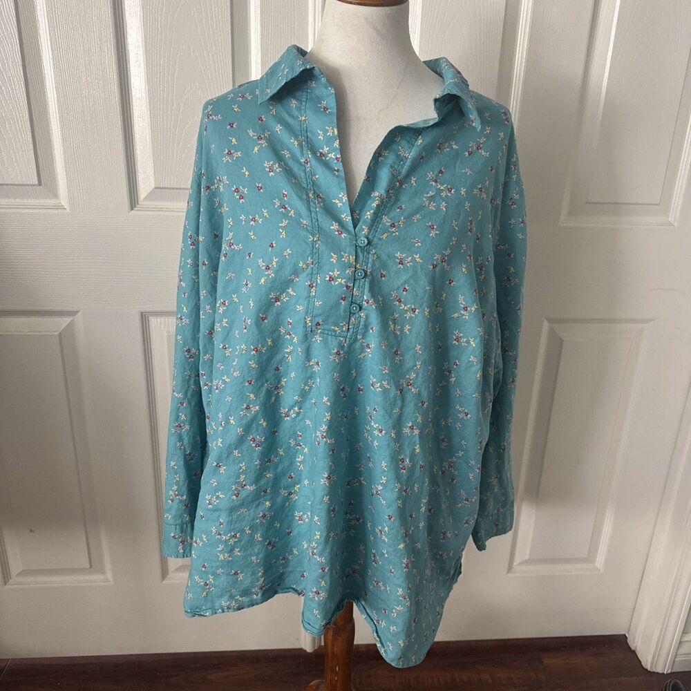 Talbots‎ Womens Peasant Plus Size Top 3X Blue Floral Boho Cottagecore Feminine